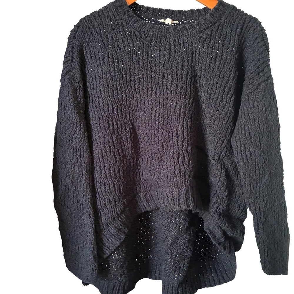Eileen Fisher Bouclé Knit Sweater Women Size L/G Black Organic Cotton Scoop Hem